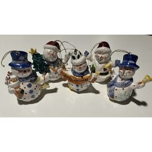 5 Snowman Christmas Ornaments Glossy Colorful Ceramic  4 1/2" 1 Nose Tip Broken
